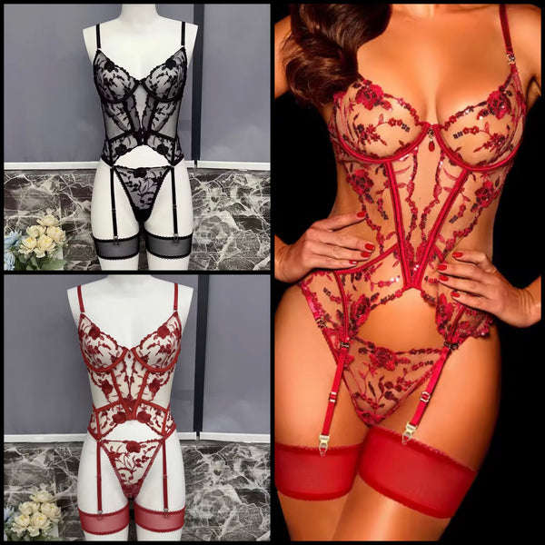 Women Sexy Sleeveless Floral Mesh Lingerie Set
