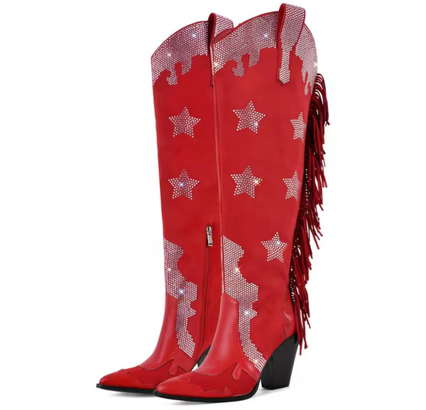 Women Fashion Bling Star Fringe Tassel Over The Knee Western Boots