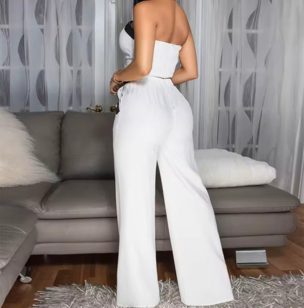 Women Sexy Button Up Strapless Color Patchwork Two Piece Pant Set