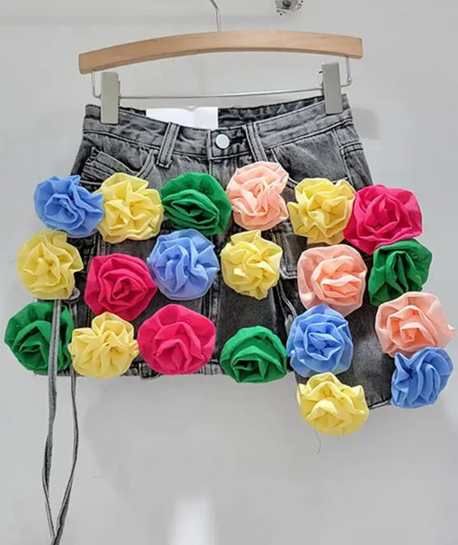 Women Fashion Multicolored Floral Cargo Denim Skirt