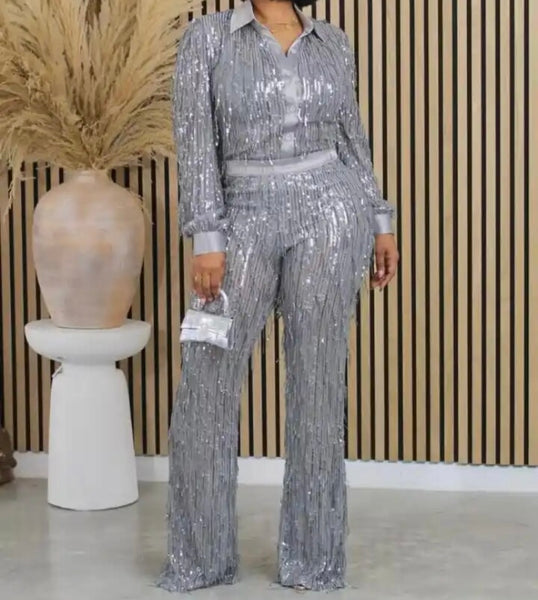Women Sexy Fashion Button Up Sequins Mesh Two Piece Pant Set