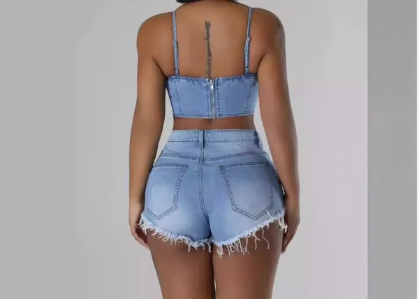 Women Sexy Fashion Sleeveless Bling Pearl Two Piece Denim Short Set