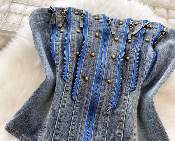 Women Zipper Strapless Denim Two Piece Pleated Skirt Set