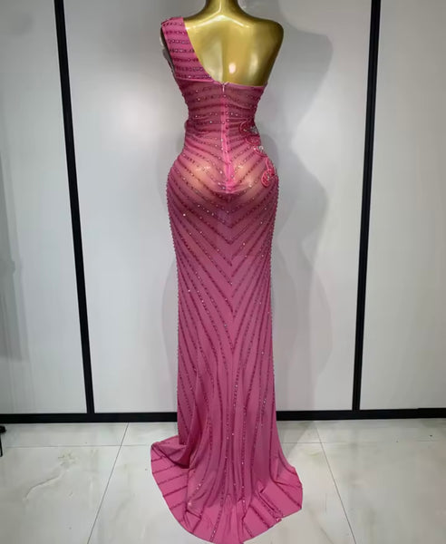 Women Pink One Shoulder Sleeveless Rhinestone Floral Mesh Maxi Dress