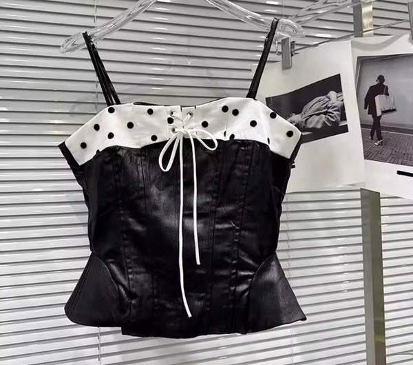Women Sexy Sleeveless B&W Polka Dot Two Piece Skirt Set