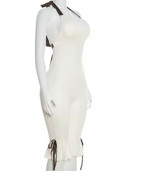 Women Sexy White Halter Sleeveless Ruffled Romper