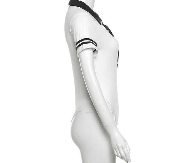 Women Fashion Button Up Short Sleeve B&W Bodysuit Top