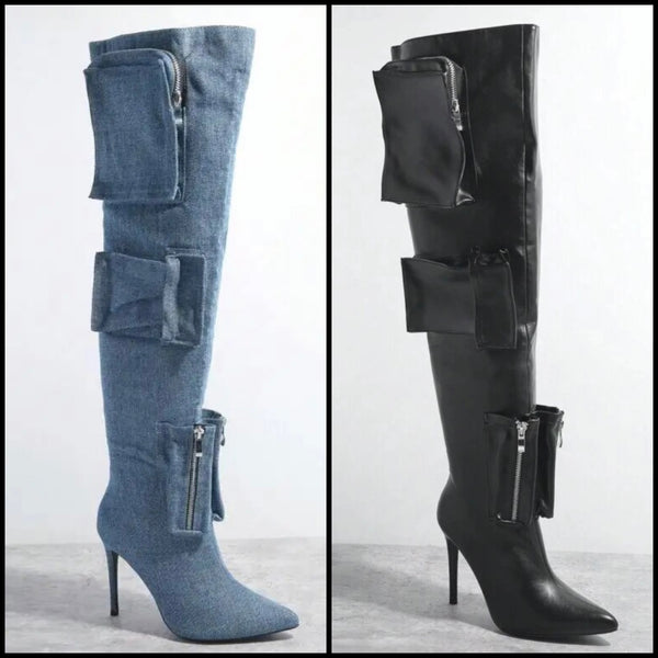 Women Fashion Zipper Pocket Knee High Boots