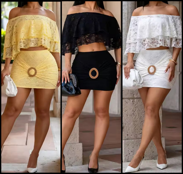 Women Sexy Ruffled Off The Shoulder Lace Two Piece Skirt Set