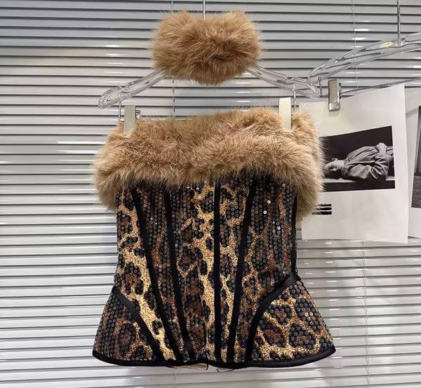 Women Sexy Sequins Leopard Faux Fur Three Piece Skirt Set