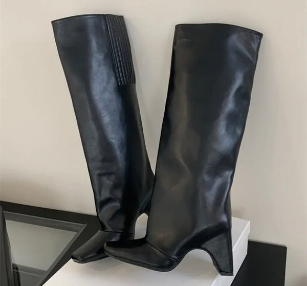 Women Fashion Square Toe Faux Leather Knee High Boots