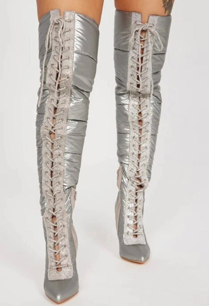 Women Bling Patchwork Puff Lace Up Fashion Over The Knee Boots