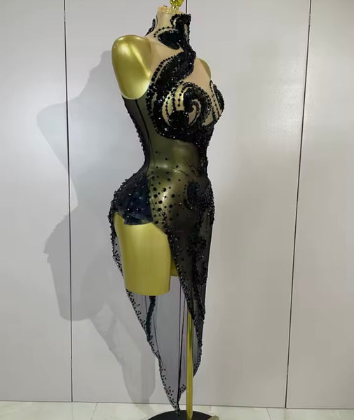 Women Black Sleeveless Sequins Rhinestone Asymmetrical Dress