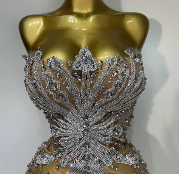 Women Sexy Strapless Bling Rhinestone Mesh Dress