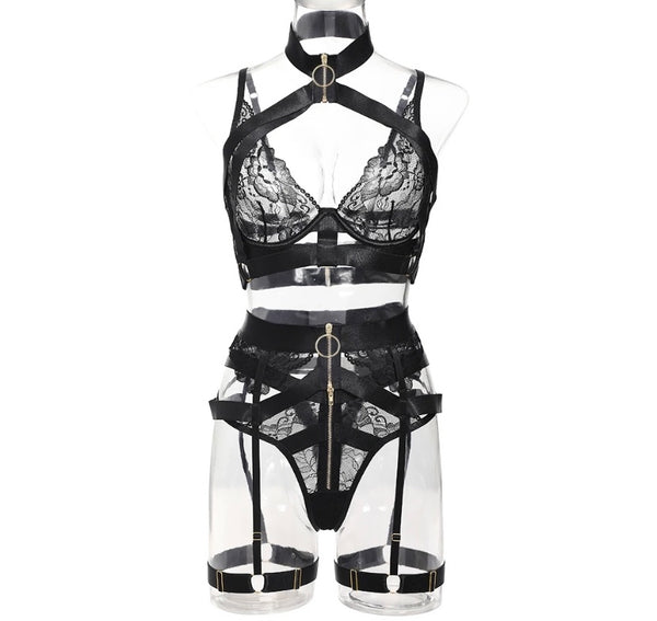 Women Sexy Black Zipper Choker Lingerie Set