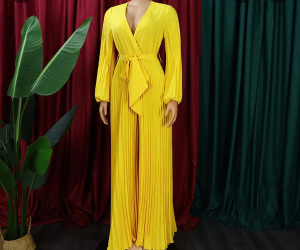 Women Sexy V-Neck Full Sleeve Belted Pleated Jumpsuit
