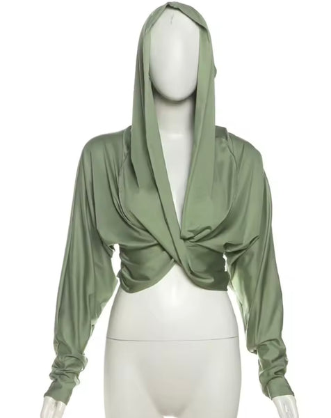 Women Fashion Green Hooded Ruched Full Sleeve Crop Top