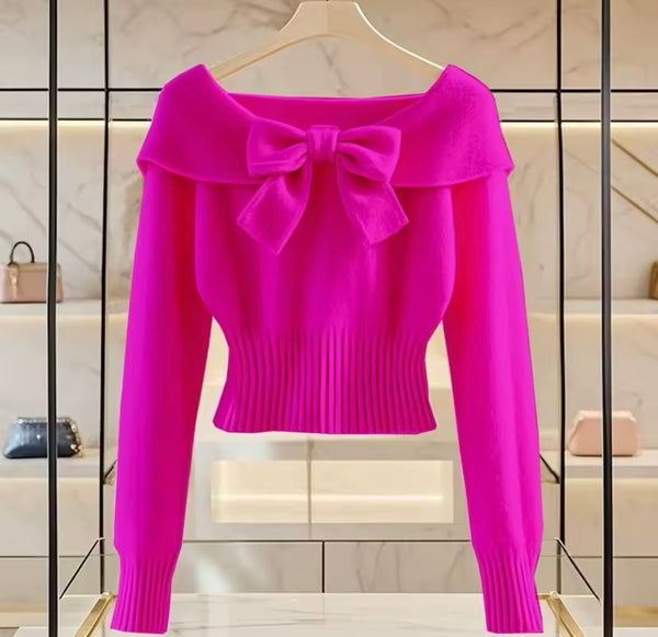 Women Color Bow Full Sleeve Fashion Sweater Top