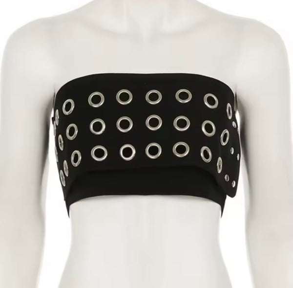 Women Strapless Sexy Fashion Black Metal Ring Two Piece Short Set