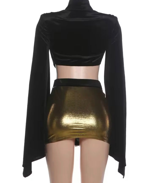 Women Sexy Flare Full Sleeve Crop Two Piece Skirt Set
