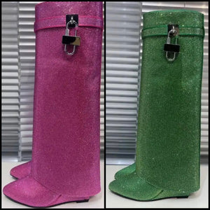 Women Fashion Color Rhinestone Buckled Lock Platform Boots
