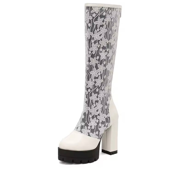 Women Fashion Color Floral Mesh Platform Knee High Boots