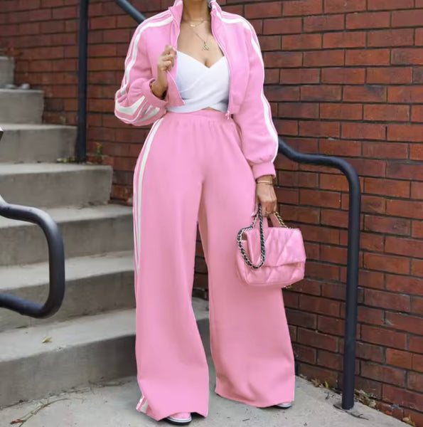 Women Striped Zip Up Fashion Two Piece Tracksuit Pant Set