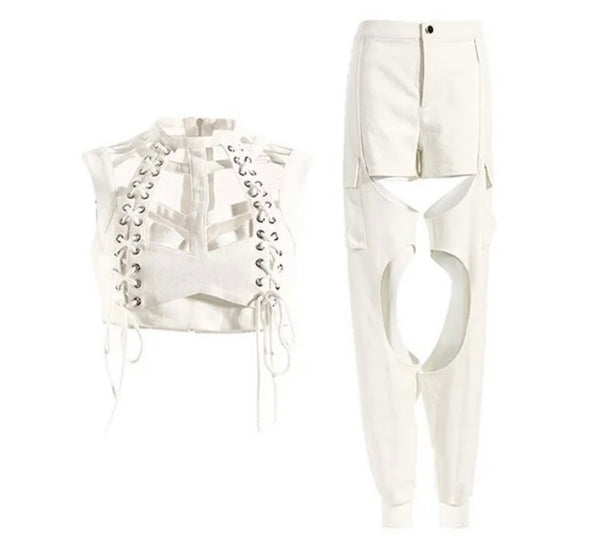 Women White Fashion Sleeveless Cut Out Lace Up Two Piece Pant Set