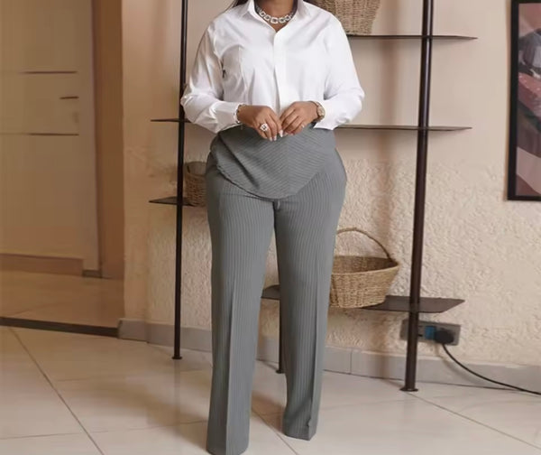 Women Collar Button Up Striped Two Piece Pant Set
