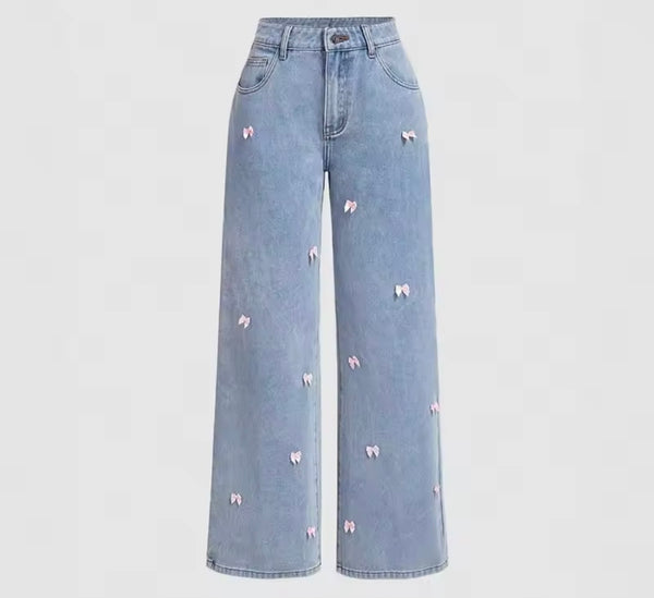 Women Fashion Color Bow Patchwork Denim Pants