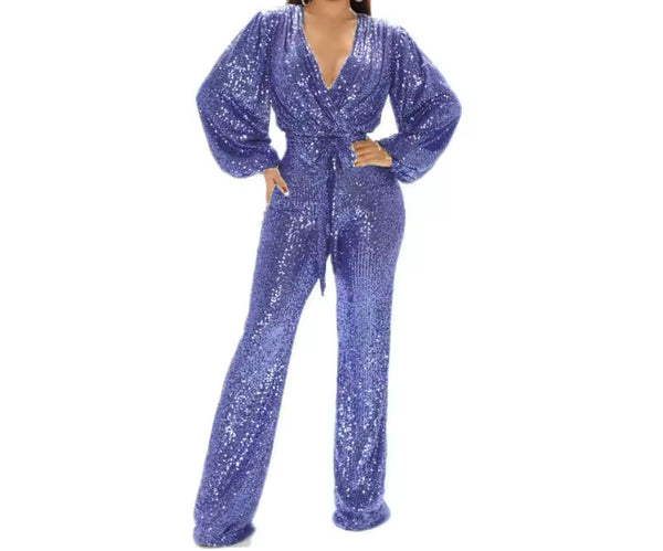 Women Sexy Sequins V-Neck Full Sleeve Tie Up Jumpsuit