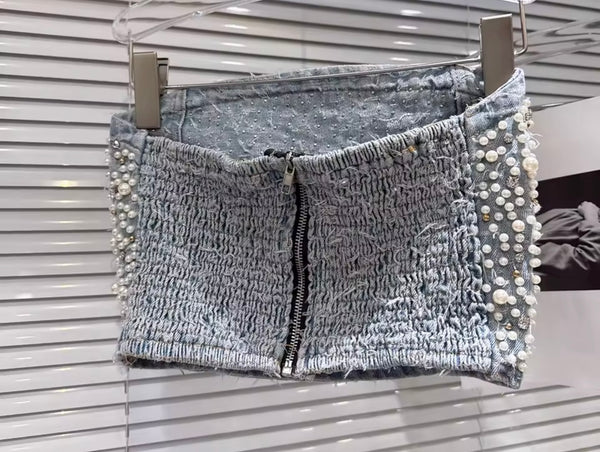 Women Pearl Strapless Tube Top Fashion Denim Two Piece Pant Set