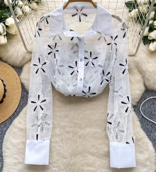 Women Fashion Floral See Through Button Up Full Sleeve Top