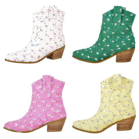 Women Fashion Sequins Denim Western Ankle Boots