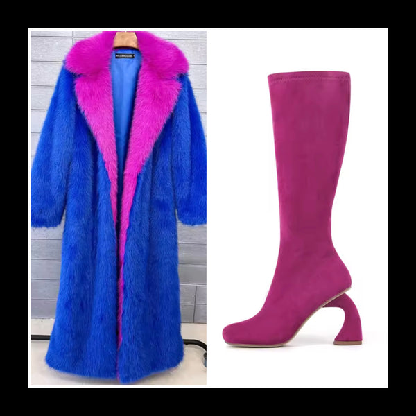 Women Color Patchwork Fashion Faux Fur Long Jacket
