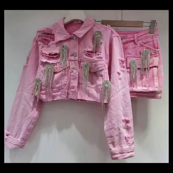 Women Fashion Pink Rhinestone Tassel Denim Two Piece Skirt Set