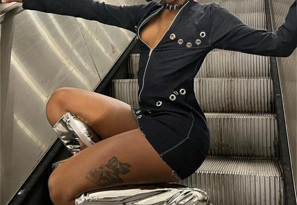 Women Sexy Black Zip Up Rivet Full Sleeve Dress