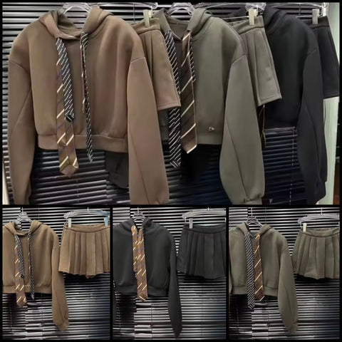 Women Striped Tie Hooded Sweater Two Piece Pleated Skirt Set