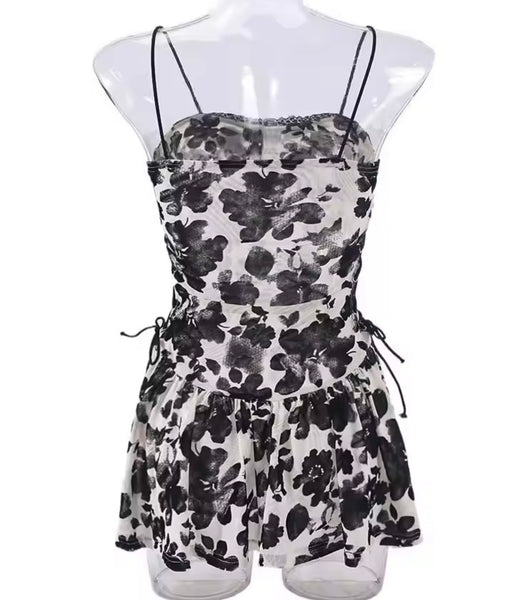 Women Sexy Sleeveless Floral Mesh Ruffled Dress