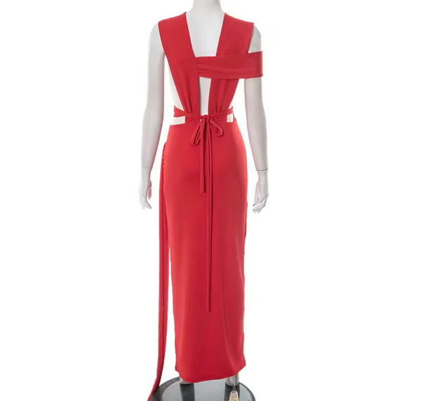 Women Sexy Sleeveless Solid Color Hollow Cross Maxi Dress