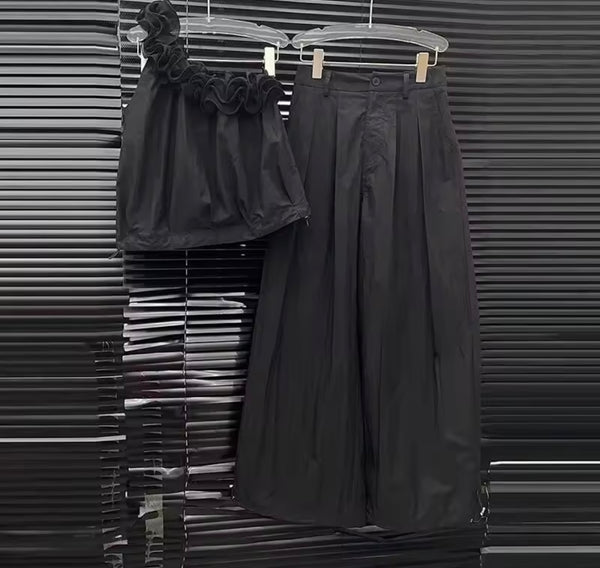Women Ruffled One Shoulder Two Piece Wide Leg Pant Set
