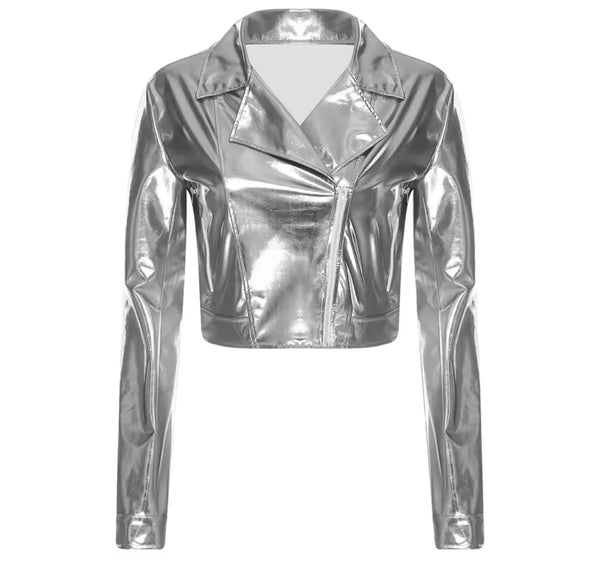 Women Fashion Color Zip Up Metallic PU Jacket