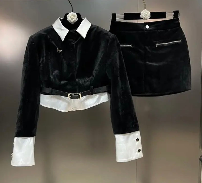 Women B&W Buckled Velour Two Piece Blazer Skirt Set