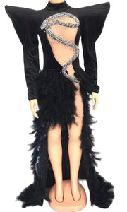 Women Sexy Full Sleeve Bling Feather Mesh Patchwork Velour Maxi Dress