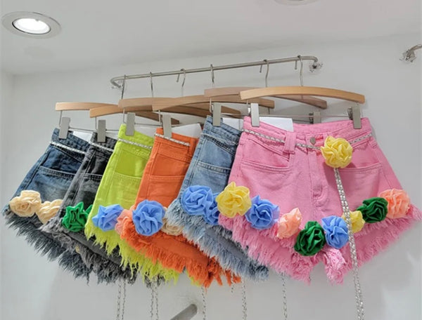 Women Fashion Fringe Color Floral Denim Shorts