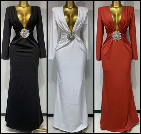 Women Sexy V-Neck Full Sleeve Ruched Rhinestone Maxi Dress