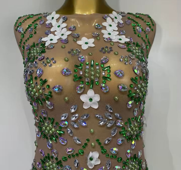 Women Sexy Sleeveless Floral Color Crystal Mesh Dress