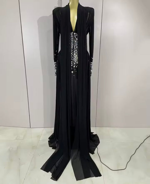 Women Sexy Rhinestone See Through Ruched Mesh Maxi Dress