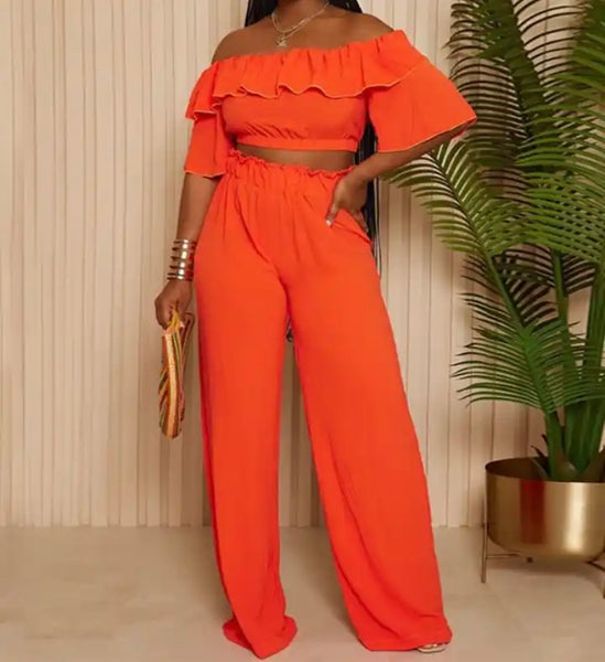 Women Sexy Ruffled Off The Shoulder Short Sleeve Two Piece Pant Set