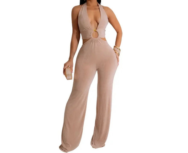 Women Sexy Sleeveless Solid Color Open Tie Up Back Jumpsuit
